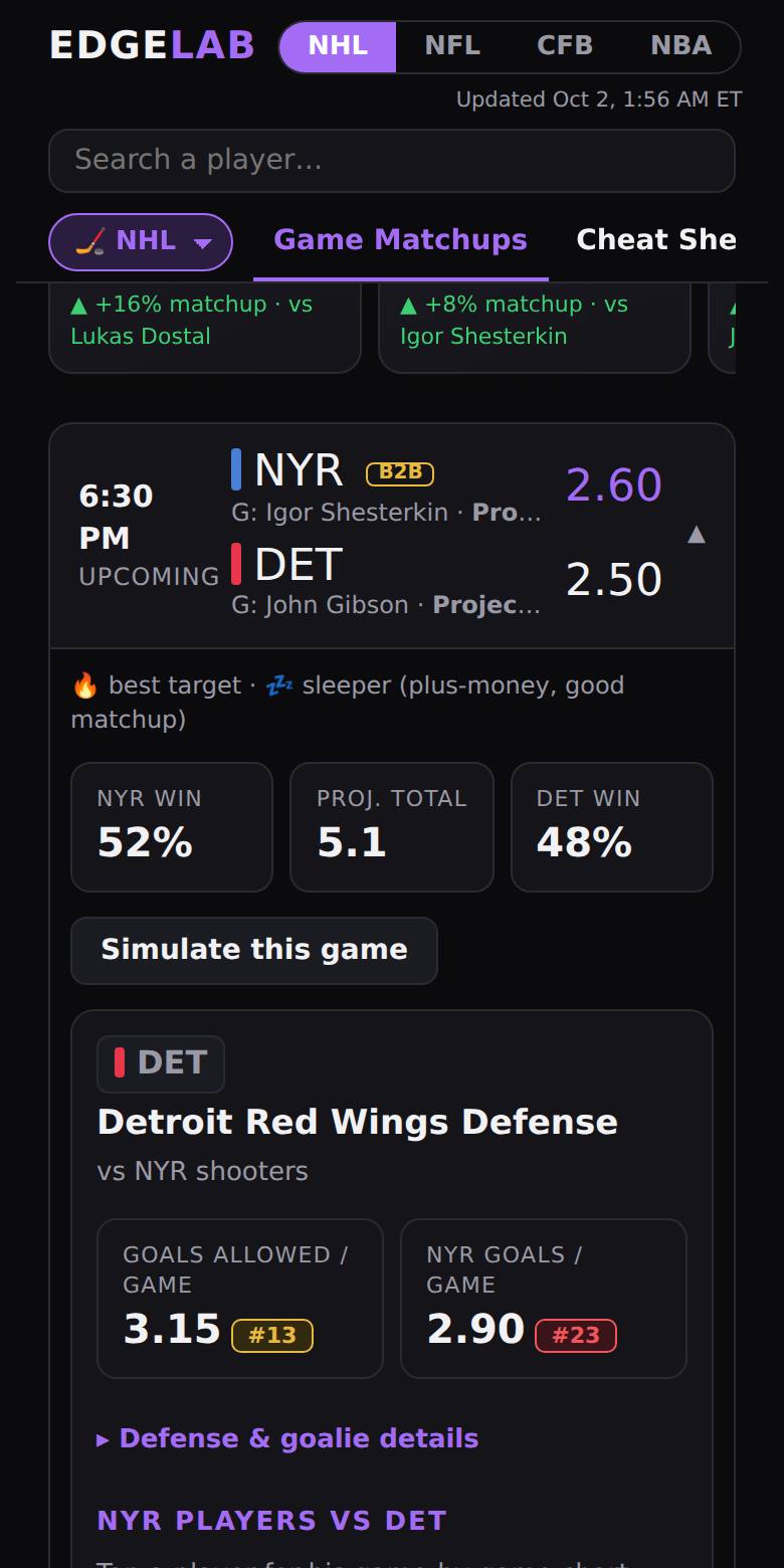 EdgeLab game matchups on a phone